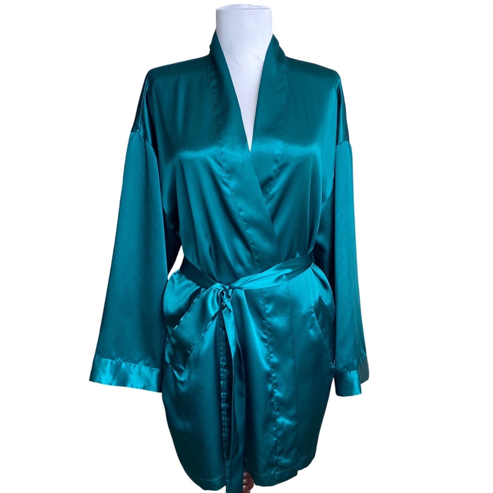 NEW Y2K VICTORIAS SECRET Emerald Green Satin‎ Robe Kimono Tie Waist Short Lounge